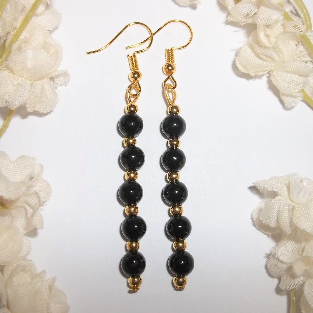 Long Black & Gold Earring Set Beaded Dangle 6455